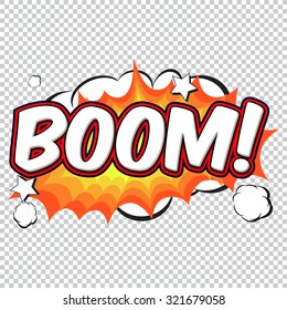 Colorful speech bubble and explosion in pop art style. Elements of design comic books. Boom from different comic fonts.