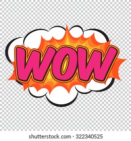 Colorful speech bubble and explosion in pop art style. Elements of design comic books. Wow from different comic fonts.