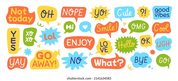 Colorful speech bubble with funny text, chat balloons in different shapes. Comic cloud talk bubbles with phrases and messages, doodle dialog balloon, conversation message stickers vector set