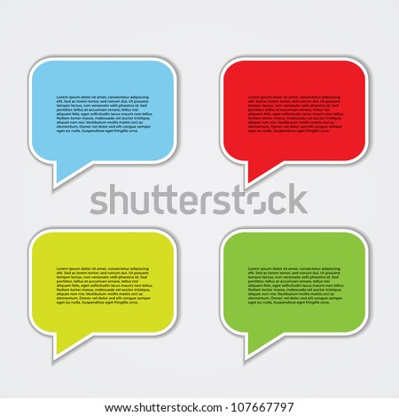 Colorful Speech Bubble Grid – Blue, Red, Yellow, and Green Dialog Icons with Placeholder Text on Light Background. A vibrant set of four speech bubbles arranged in a 2×2 grid on a light gray background. Each bubble features a distinct color—blue, red, yellow, and green—with white borders and downward-pointing tails, simulating dialogue. The bubbles contain placeholder text in black font, representing commentary or communication. Ideal for use in presentations, infographics, educational materials, social media visuals, or branding assets. The clean layout and bold colors make it suitable for highlighting multiple perspectives or organizing information in a visually engaging way.