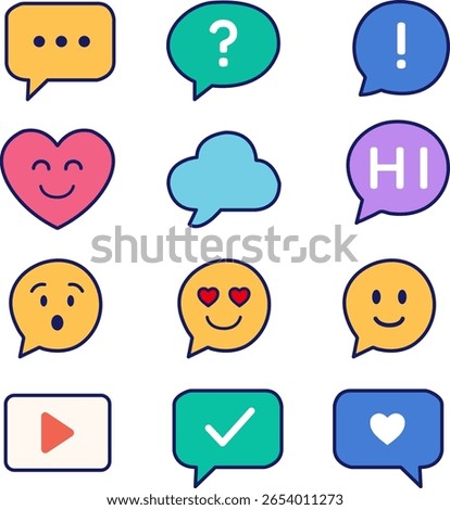 Colorful speech bubble icon set with emoji and chat symbols for SNS content. Perfect for social media graphics, sticker pack and messaging apps.