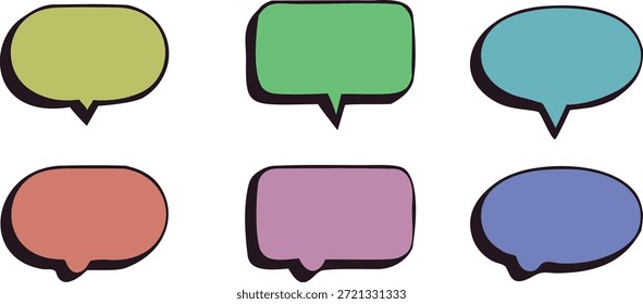 Colorful speech bubble icons with rounded shapes on a white background. Flat dialog balloons represent chat, messaging, and conversation concepts. Ideal for apps, infographics, comics, and modern graphic design.