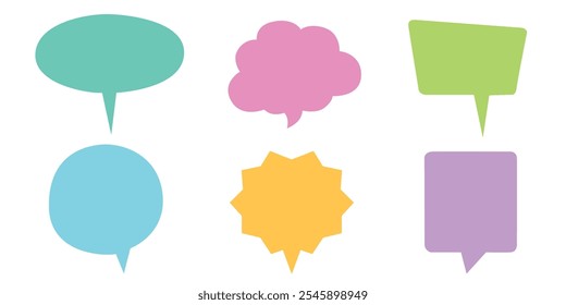 Iconos coloridos de la burbuja del discurso en diversas Formas, incluyendo la estrella, el rectángulo, y la nube.
