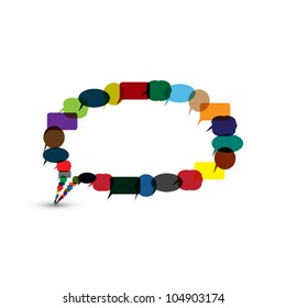 Colorful Speech Bubble Illustration – Multicolored Communication Icon Made of Small Bubbles. A vibrant communication‑themed illustration featuring a large speech bubble composed of many smaller, multicolored speech bubbles. The varied colors and orientations create a dynamic, playful and visually engaging design that symbolizes dialogue, conversation, diversity of voices and social interaction. This modern graphic is ideal for communication‑related projects, social media visuals, marketing materials, educational content, branding elements and creative design concepts. Suitable for both commercial and editorial use across print and digital platforms.