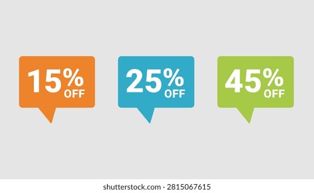 Colorful speech bubble labels displaying fifteen, twenty-five, and forty-five percent off promotional discounts for shopping sales.