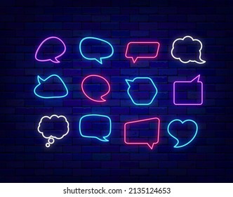 Colorful speech bubble neon sign collection. Empty frame set. Lightning cloud. Glowing effect banner. Chatting box on brick wall. Editable stroke. Vector stock illustration