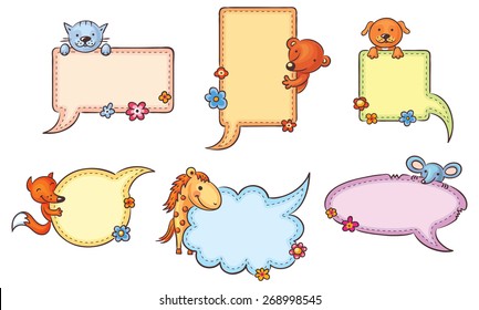 Colorful speech bubble set with cartoon animals and copy space, no gradients