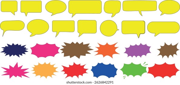 Colorful speech bubble set for comic designs. Vibrant yellow, blue, red, and more for cartoons, graphics, and creative projects. dynamic dialogue box artwork bold shapes