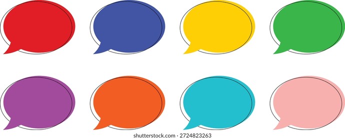 Colorido conjunto de burbujas de discurso para el diseño de comunicación. Limpie los iconos de chat para los conceptos de mensaje, comentario y diálogo. Ideal para proyectos de interfaz de usuario, gráficos de redes sociales y gráficos de marketing.