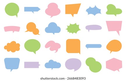 Bunte Sprechblasen formen Sammlung. Farbenfrohe Rede- und Gedankenblasenformen für Design, Comics, Chat und Kommunikationsgrafiken auf weißem Hintergrund.
