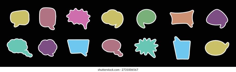 Colorful speech bubble shapes set on dark background. Fun cartoon dialog balloons add playful communication elements. Perfect for comics apps social media stickers presentations and graphic design.