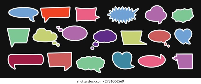 Colorful speech bubble shapes set on dark background. Fun cartoon dialog balloons add playful communication elements. Perfect for comics apps social media stickers presentations and graphic design.