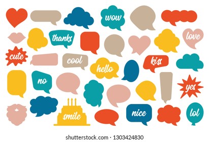 Colorful speech bubble vector set in cartoon style. Blank balloons and clouds with text hello, cool, love, thanks. Labels for messages or comments. Collection of square, round, restangle shapes. 