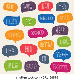 Colorful speech bubbles with acronyms and greetings