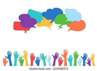 Colorful Speech Bubbles And Anonymous Arms And Raised Hands Of Multiethnic Multicultural Group People. Racial Equality. Crowd Diversity People. Diverse Races. Communication.