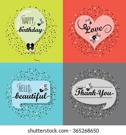 colorful speech bubbles and balloon set with some small phrases and messages on circle star background