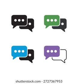 Bolhas de fala coloridas em preto verde azul e roxo sobrepostas em um fundo branco limpo representando os conceitos de comunicação e diálogo em um estilo gráfico moderno