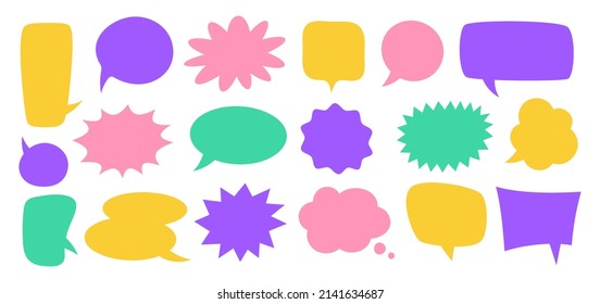 Burbujas de palabras coloridas, globos de chat en blanco de varias formas. Burbuja de nube cómica, globo de diálogo vacío, conjunto de iconos de mensajes de conversación