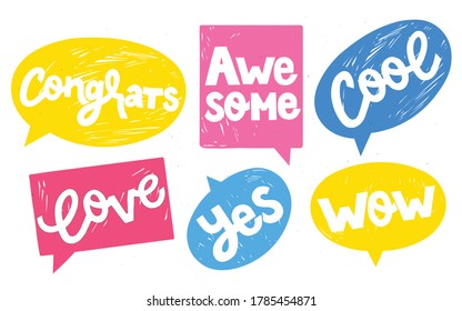 Colorful speech bubbles collection with handwritten phrases Congrats,Go,Cool,Hello,Yes, Wow.