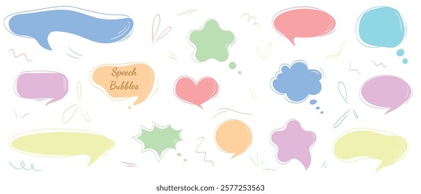 Colorful speech bubbles designs set in shape of heart, star. Abstract speech bubbles. Pastel color message box designs. Hand drawn vector illustration in flat style. Dialogue element.