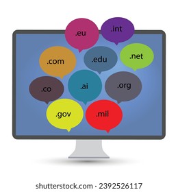 Colorful speech bubbles with different internet domains written on them 