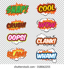 Coloridas burbujas de habla y explosiones al estilo del arte pop. Elementos de diseño cómico. Snap, cool, triturado, wow, oops, clank, blam, wham de diferentes fuentes cómicas. 