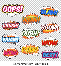 Colorful speech bubbles and explosions in pop art style. Elements of design comic. Snap, cool, crush, wow, oops, clank, blam, wham from different comic fonts.