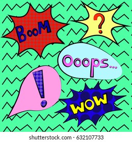 Colorful speech bubbles and explosions in pop art style. Elements of design comic. wow, boom, oops, question mark,exclamation point from different comic fonts.question mark