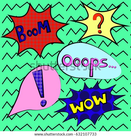 Colorful speech bubbles and explosions in pop art style. Elements of design comic. wow, boom, oops, question mark,exclamation point from different comic fonts.question mark