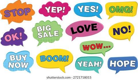 Coloridas burbujas de discurso que expresan diversas emociones y reacciones en un formato de visualización divertido y vibrante.