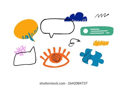 A colorful speech bubbles, an eye, a puzzle piece, a cloud, doodles, hand drawn arrows and various scribbles and a green text box. A dynamic and communicative composition.