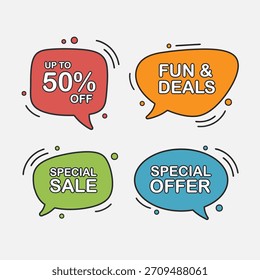 Coloridas burbujas de discurso con interesantes descuentos, ofertas especiales y ofertas promocionales para compras felices