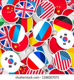 A lot of colorful speech bubbles with flags, different language seamless pattern