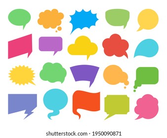 Colorful speech bubbles flat icon set. Empty design elements for comic book, text message, chat comment, idea thought, discussion. Speak balloon shapes, talk clouds, cartoon think banner, note label