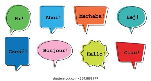 Colorful speech bubbles with greetings in different languages.