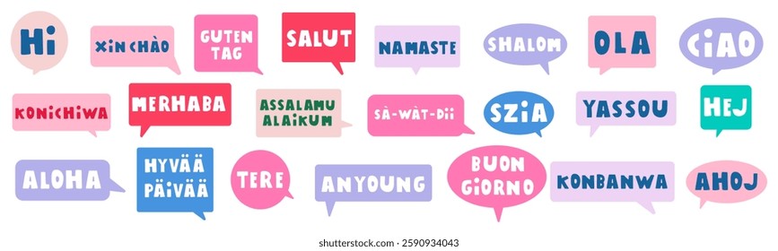 Colorful speech bubbles. Greetings in different languages. Vector hand drawn illustration.