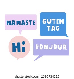 Colorful speech bubbles. Greetings in Hindi, German, English. Vector illustration.