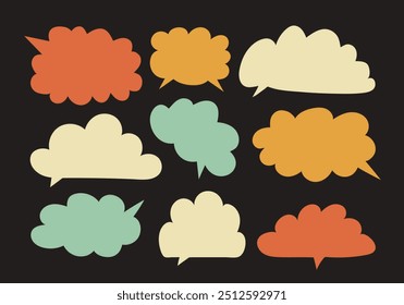 Coloridas burbujas de discurso en estilo dibujado a mano y colores vintage de los años 70. Nubes vacías retro o caja ondulada aislada sobre fondo negro. Globos de diálogo o marco de texto para comentarios y pensamientos.