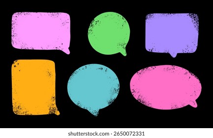 Colorful speech bubbles are hand-drawn with a textured look, featuring splatters and dirt. They vary in shape and size, creating a vibrant visual on a black backdrop.