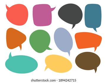 Colorful speech bubbles, isolated on white background. Set clouds for dialog, chat, communication. Cartoon doodle design. Vector illustration.