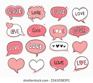 Colorful speech bubbles with love messages for Valentine's day. Doodle pink think and talk balloons in heart shape, design elements for characters speech.