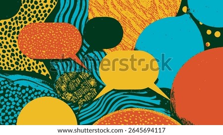 Colorful speech bubbles overlay vibrant patterned backgrounds communicate dialogue abstractly