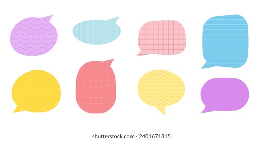 Colorful speech bubbles with pattern. Modern stickers for collage, notes. Isolated vector illustration