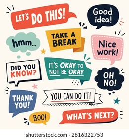 Colorful speech bubbles with positive affirmations and motivational phrases on a white background