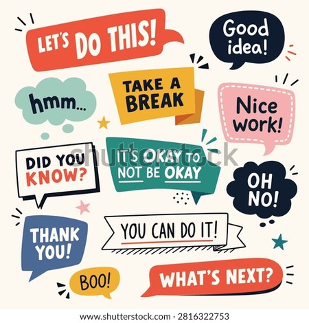 Colorful speech bubbles with positive affirmations and motivational phrases on a white background
