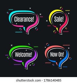 Colorful speech bubbles, promotion banner shapes, price tag. Vector illustration set