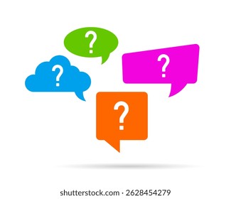 Bolhas de fala coloridas com pontos de interrogação em várias formas sobre fundo branco. Conceito de curiosidade, FAQ, comunicação ou brainstorming.