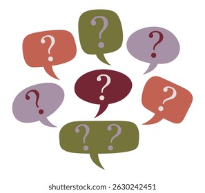 Bolhas de fala coloridas com pontos de interrogação. Curiosidade, FAQ, comunicação e confusão conceito em estilo de desenho animado plano. Ilustração vetorial para centro de ajuda, fóruns ou design educacional.