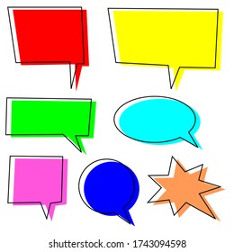 colorful speech bubbles set. blank cartoon chat boxes with different color and black frame isolated on white background. vector illustration
