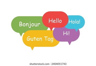 Colorful speech bubbles set with Hello in different languages